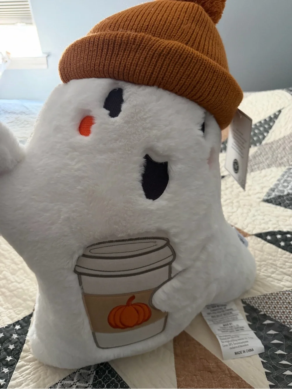 Martha Stewart White Ghost Pillow with Orange Knit Hat and Pumpkin Cup